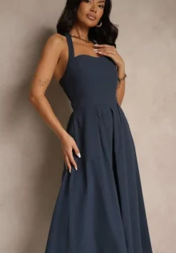 Granatowa Rozkloszowana Sukienka z Bawełną i Wiskozą na Szyję Kinulia