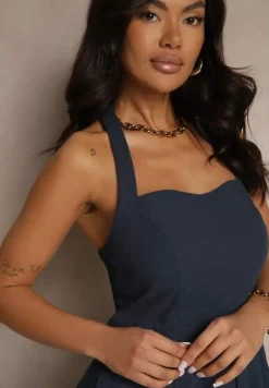 Granatowa Rozkloszowana Sukienka z Bawełną i Wiskozą na Szyję Kinulia