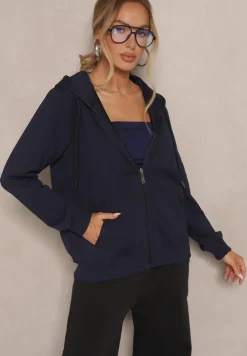 Granatowa Rozpinana Bluza z Bawełny z Kapturem Ozdobiona Sznurkami Telidwena