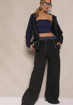 Granatowa Rozpinana Bluza z Bawełny z Kapturem Ozdobiona Sznurkami Telidwena