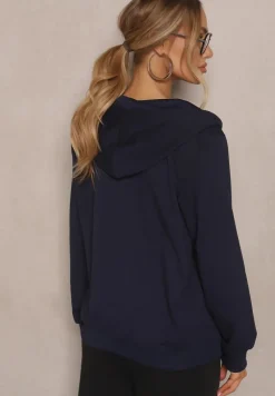 Granatowa Rozpinana Bluza z Bawełny z Kapturem Ozdobiona Sznurkami Telidwena