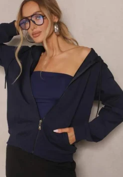 Granatowa Rozpinana Bluza z Bawełny z Kapturem Ozdobiona Sznurkami Telidwena