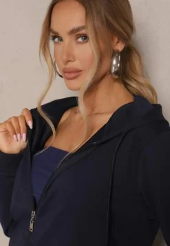 Granatowa Rozpinana Bluza z Bawełny z Kapturem Ozdobiona Sznurkami Telidwena