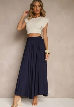 Granatowa Spódnica o Rozkloszowanym Kroju z Wiskozy Lunafina