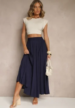 Granatowa Spódnica o Rozkloszowanym Kroju z Wiskozy Lunafina