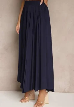 Granatowa Spódnica o Rozkloszowanym Kroju z Wiskozy Lunafina