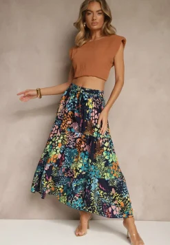 Granatowa Spódnica z Wiskozy z Gumką w Pasie Ozdobiona Abstrakcyjnym Printem Bimella