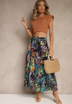 Granatowa Spódnica z Wiskozy z Gumką w Pasie Ozdobiona Abstrakcyjnym Printem Bimella