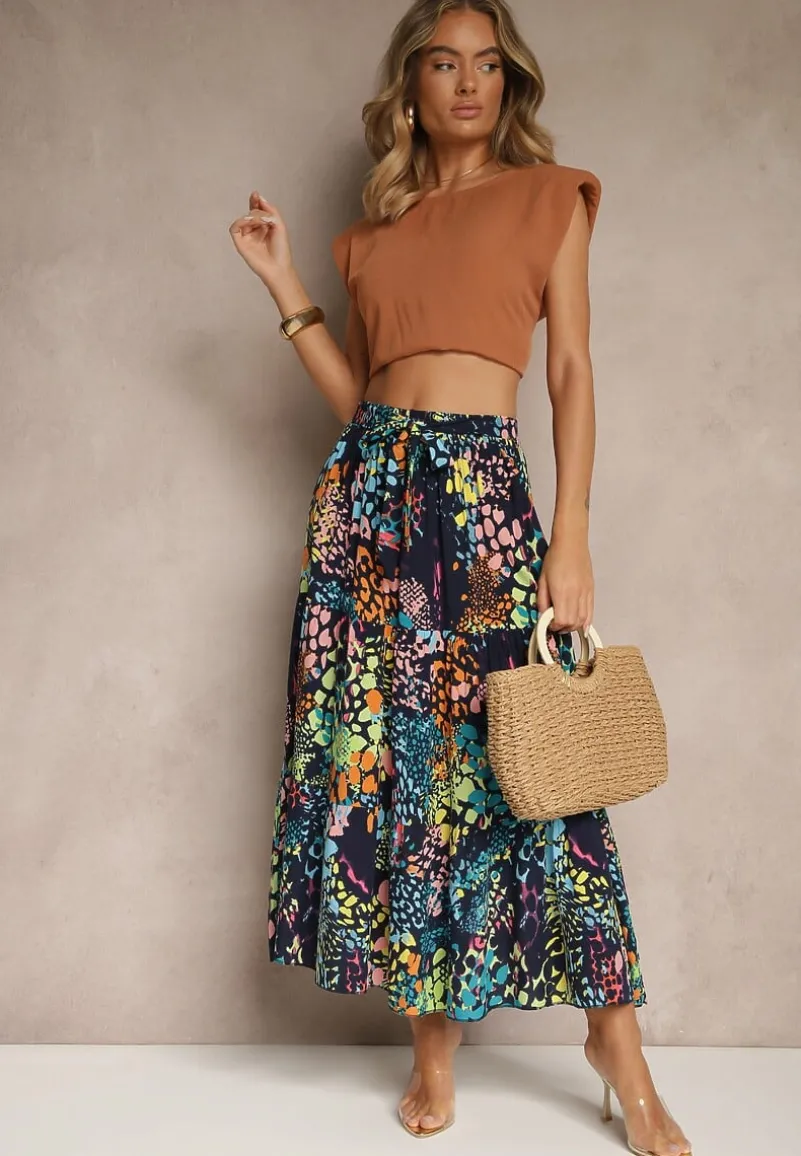 Granatowa Spódnica z Wiskozy z Gumką w Pasie Ozdobiona Abstrakcyjnym Printem Bimella