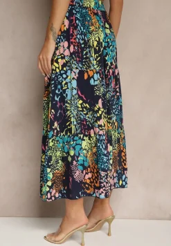 Granatowa Spódnica z Wiskozy z Gumką w Pasie Ozdobiona Abstrakcyjnym Printem Bimella