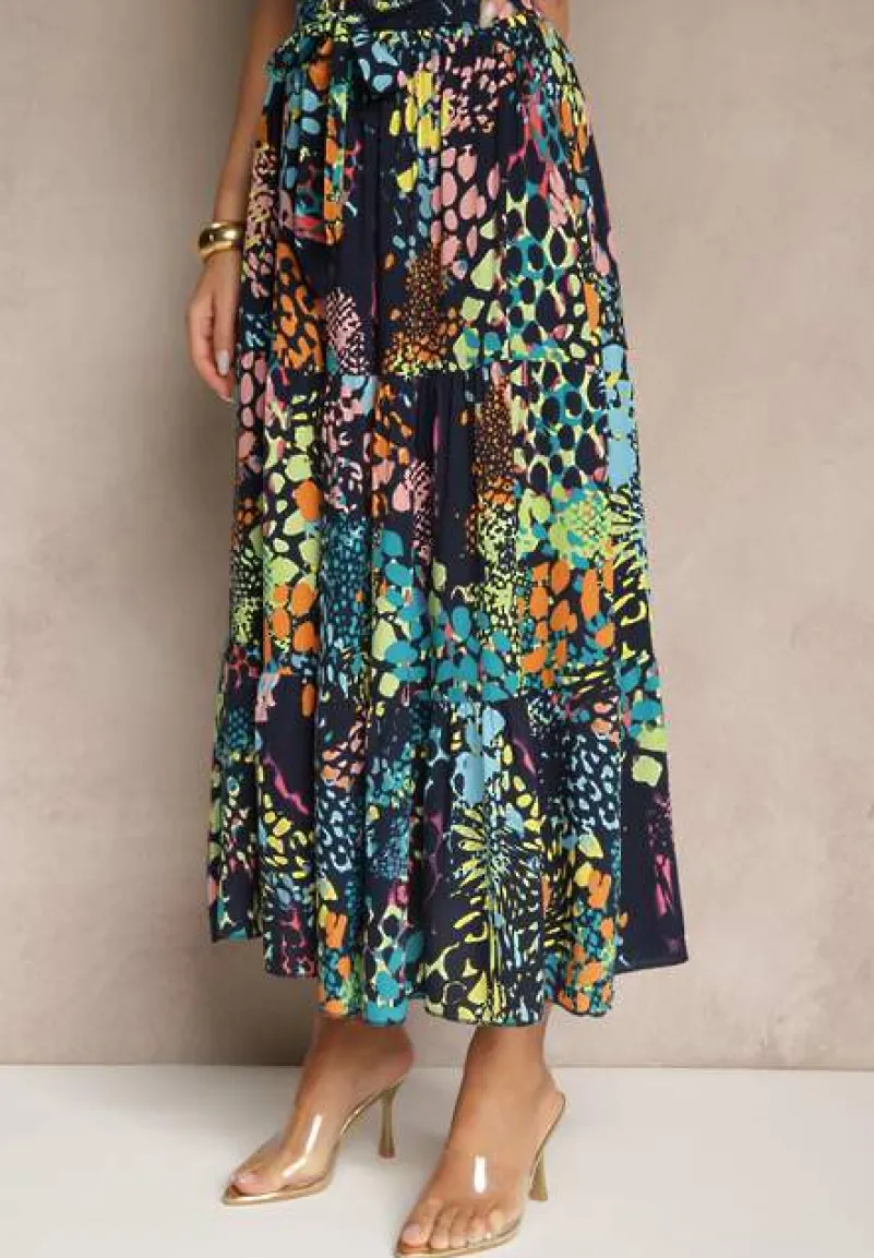 Granatowa Spódnica z Wiskozy z Gumką w Pasie Ozdobiona Abstrakcyjnym Printem Bimella