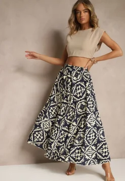 Granatowa Spódnica z Wiskozy z Geometrycznym Motywem Axeria