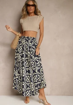 Granatowa Spódnica z Wiskozy z Geometrycznym Motywem Axeria