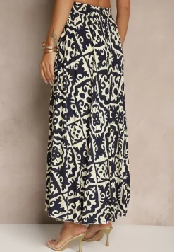Granatowa Spódnica z Wiskozy z Geometrycznym Motywem Axeria