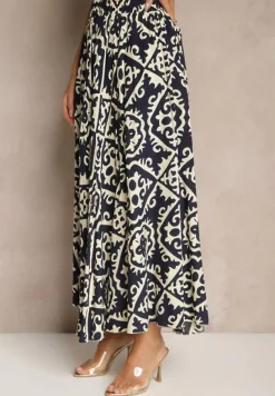 Granatowa Spódnica z Wiskozy z Geometrycznym Motywem Axeria