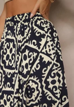Granatowa Spódnica z Wiskozy z Geometrycznym Motywem Axeria