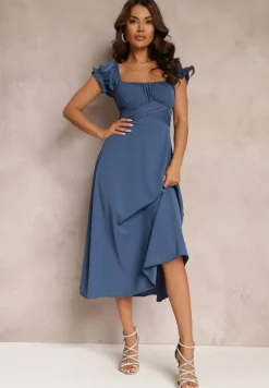 Granatowa Sukienka o Rozkloszowanym Kroju z Wiązaniem z Ozdobnym Wiązaniem i Bufiastymi Rękawami Perolis