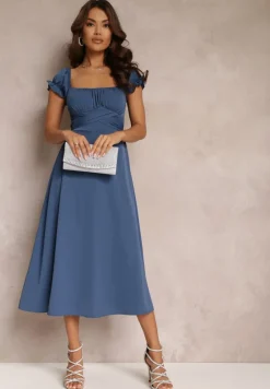 Granatowa Sukienka o Rozkloszowanym Kroju z Wiązaniem z Ozdobnym Wiązaniem i Bufiastymi Rękawami Perolis