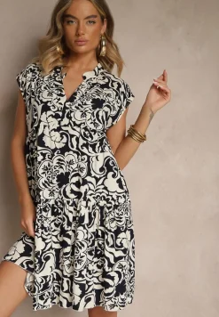 Granatowa Sukienka Oversize z Bawełny z Ornamentnym Wzorem Folazea