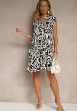 Granatowa Sukienka Oversize z Bawełny z Ornamentnym Wzorem Folazea