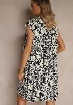 Granatowa Sukienka Oversize z Bawełny z Ornamentnym Wzorem Folazea