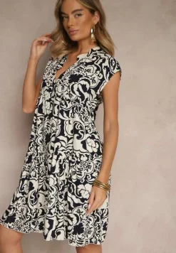 Granatowa Sukienka Oversize z Bawełny z Ornamentnym Wzorem Folazea