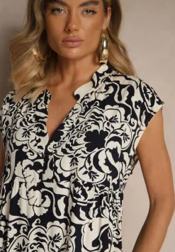 Granatowa Sukienka Oversize z Bawełny z Ornamentnym Wzorem Folazea