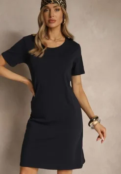 Granatowa Sukienka z Bawełny o T-shirtowym Fasonie Niliora
