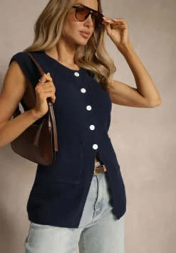 Granatowa Sweterkowa Kamizelka z Wełną na Guziki Haliriela