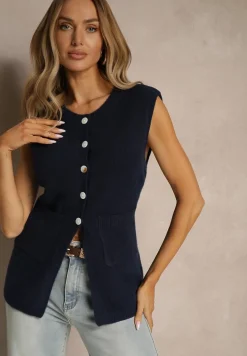 Granatowa Sweterkowa Kamizelka z Wełną na Guziki Haliriela