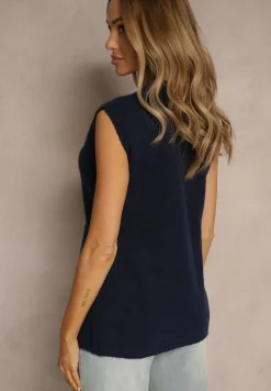 Granatowa Sweterkowa Kamizelka z Wełną na Guziki Haliriela