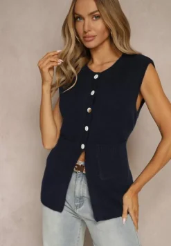 Granatowa Sweterkowa Kamizelka z Wełną na Guziki Haliriela