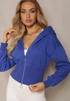 Granatowa Taliowana Bluza z Kapturem Zapinana na Zamek Błyskawiczny Vireapa