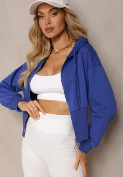 Granatowa Taliowana Bluza z Kapturem Zapinana na Zamek Błyskawiczny Vireapa