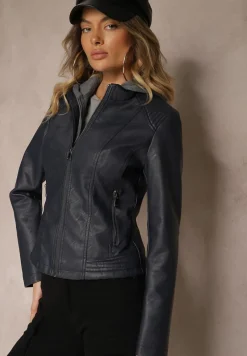 Granatowa Taliowana Kurtka Ramoneska z Tekstylnym Kapturem z Możliwością Odpięcia Ivaletha