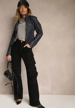 Granatowa Taliowana Kurtka Ramoneska z Tekstylnym Kapturem z Możliwością Odpięcia Ivaletha