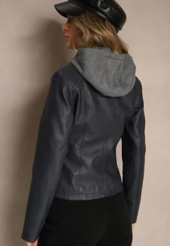 Granatowa Taliowana Kurtka Ramoneska z Tekstylnym Kapturem z Możliwością Odpięcia Ivaletha