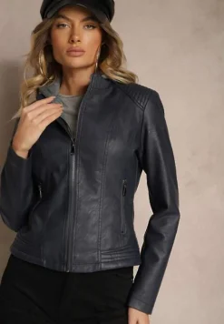 Granatowa Taliowana Kurtka Ramoneska z Tekstylnym Kapturem z Możliwością Odpięcia Ivaletha