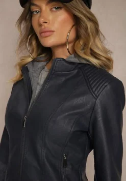 Granatowa Taliowana Kurtka Ramoneska z Tekstylnym Kapturem z Możliwością Odpięcia Ivaletha