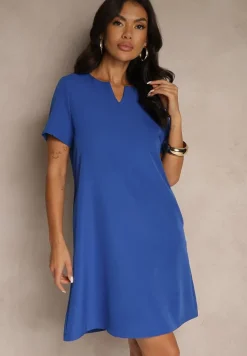 Granatowa Trapezowa Sukienka Mini z Krótkim Rękawem i Kieszeniami Vrea