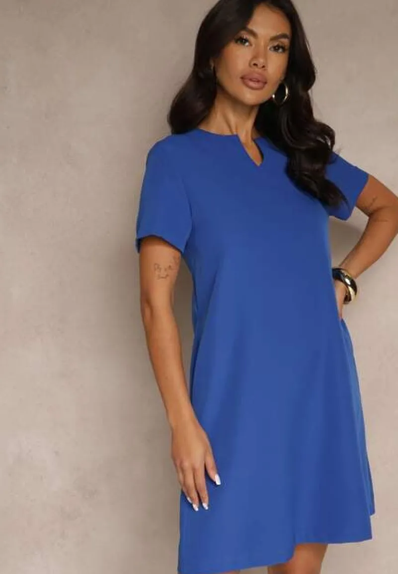 Granatowa Trapezowa Sukienka Mini z Krótkim Rękawem i Kieszeniami Vrea
