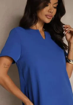 Granatowa Trapezowa Sukienka Mini z Krótkim Rękawem i Kieszeniami Vrea