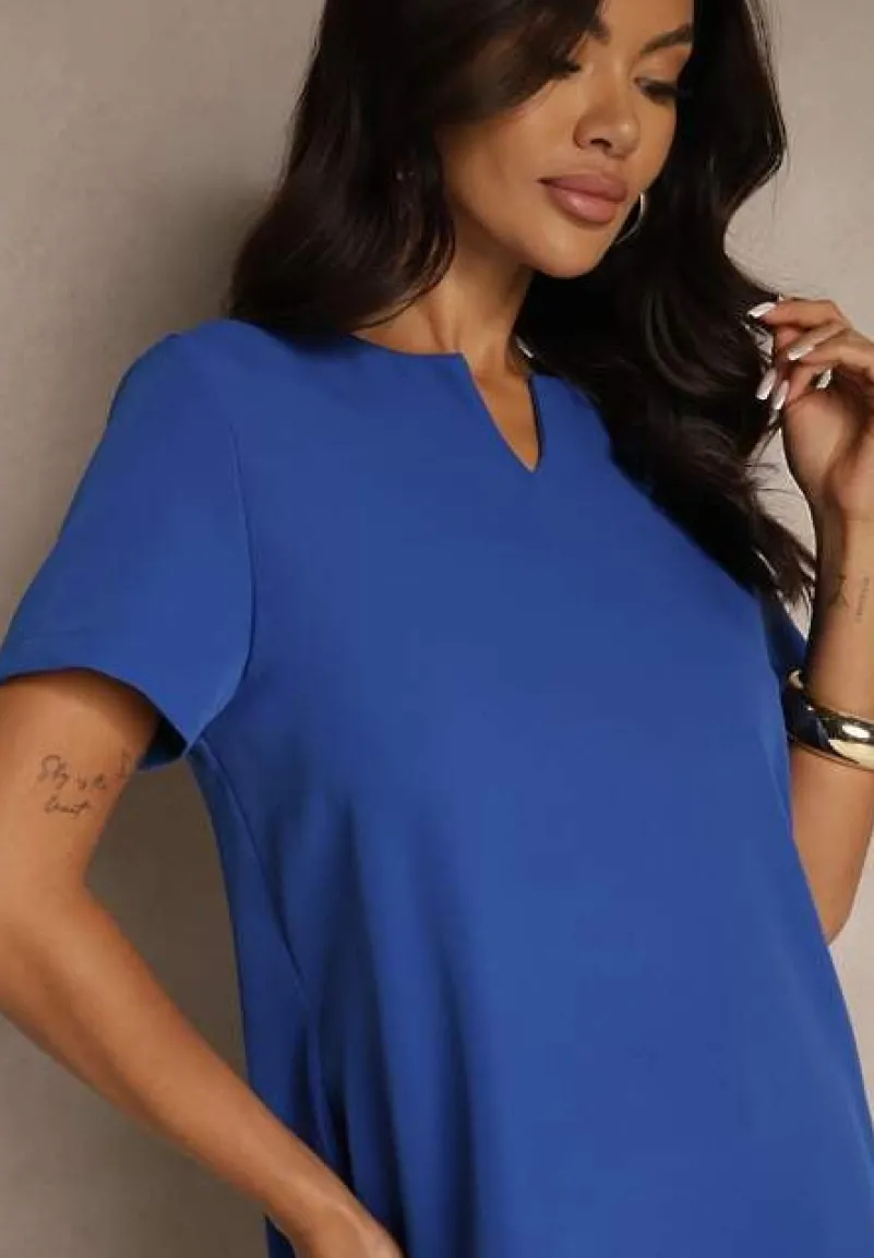 Granatowa Trapezowa Sukienka Mini z Krótkim Rękawem i Kieszeniami Vrea