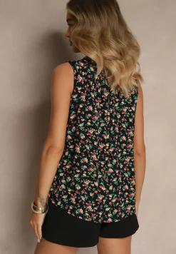 Granatowa Wiskozowa Koszula w Kwiaty bez Rękawów Sarionna