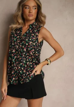 Granatowa Wiskozowa Koszula w Kwiaty bez Rękawów Sarionna