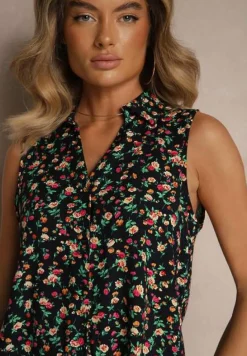 Granatowa Wiskozowa Koszula w Kwiaty bez Rękawów Sarionna