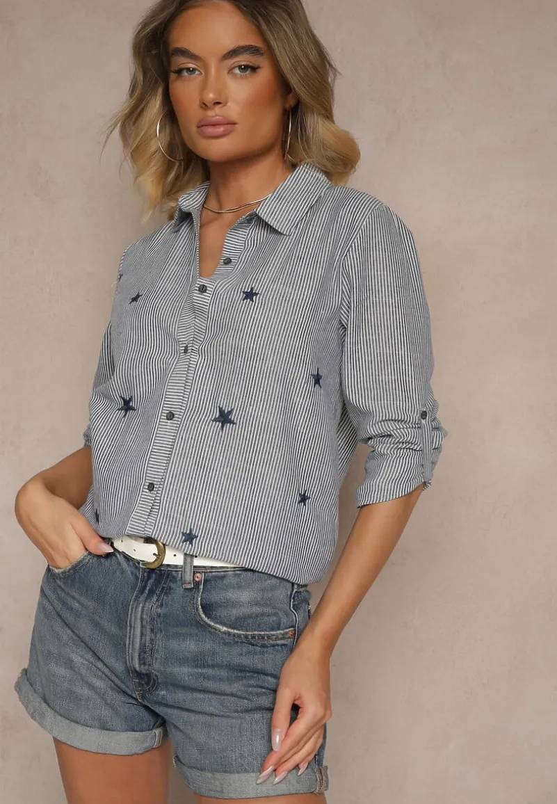 Granatowa Wiskozowa Koszula o Klasycznym Kroju z Rozcięciami i Haftem Uliavia