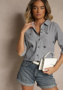 Granatowa Wiskozowa Koszula o Klasycznym Kroju z Rozcięciami i Haftem Uliavia