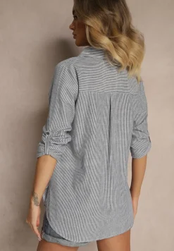 Granatowa Wiskozowa Koszula o Klasycznym Kroju z Rozcięciami i Haftem Uliavia