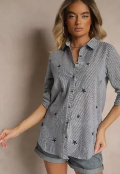 Granatowa Wiskozowa Koszula o Klasycznym Kroju z Rozcięciami i Haftem Uliavia